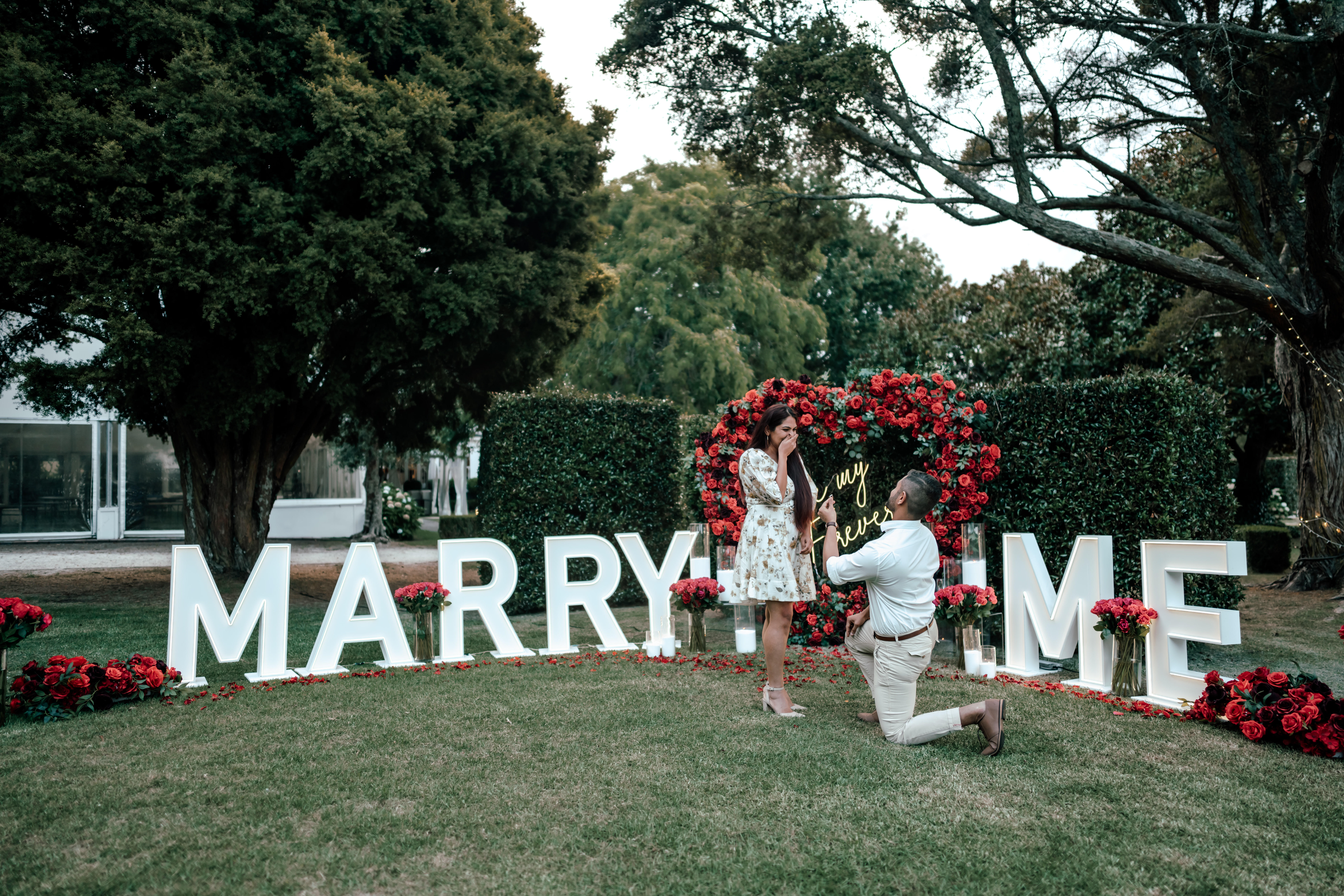 Romantic Valentine’s Day proposal at Allely Estate in Auckland with floral decor, soft pastel tones, and Shibii proposing to Utsii in a garden setting.